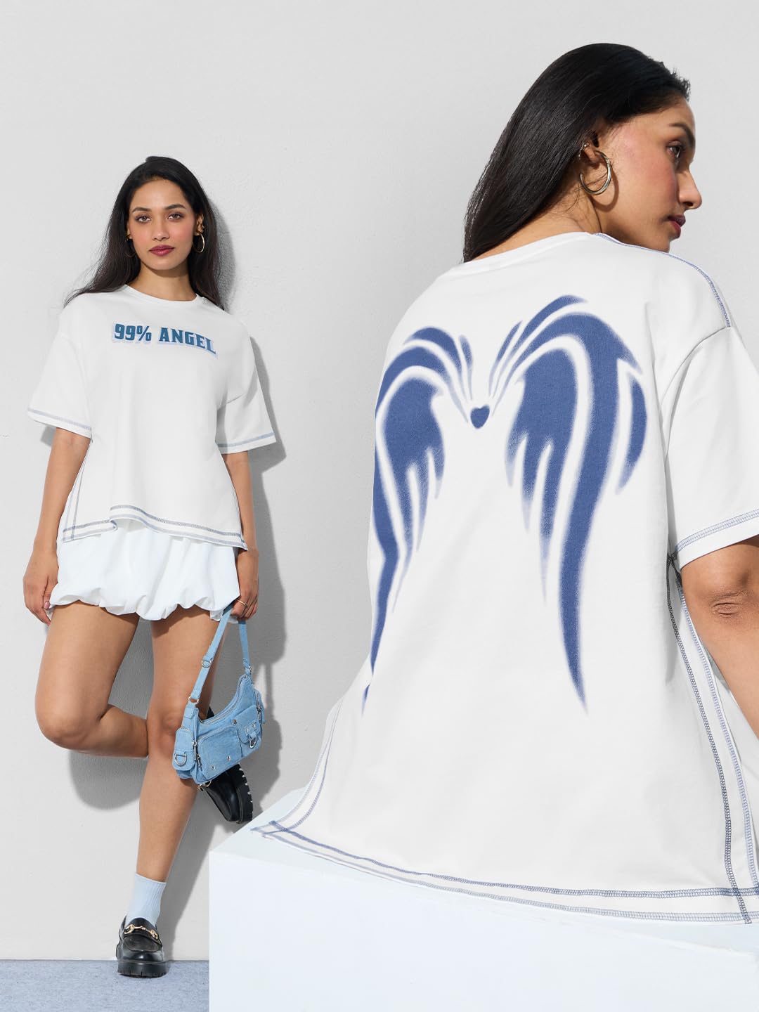 The Souled Store Oversized T-Shirt: 99% Angel Women and Girls Short Sleeves Round Neck White Graphic Printed Cotton Oversized T-