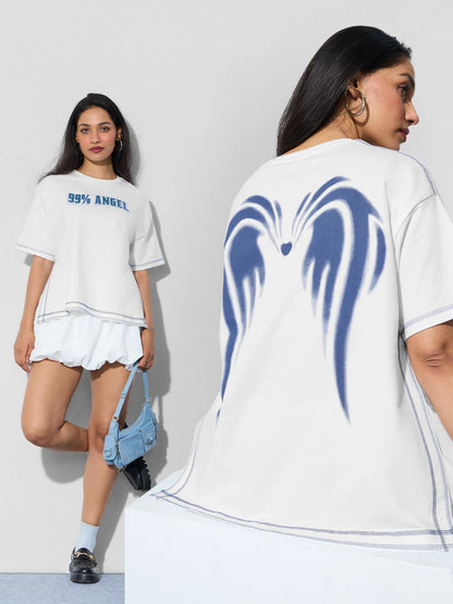The Souled Store Oversized T-Shirt: 99% Angel Women and Girls Short Sleeves Round Neck White Graphic Printed Cotton Oversized T-