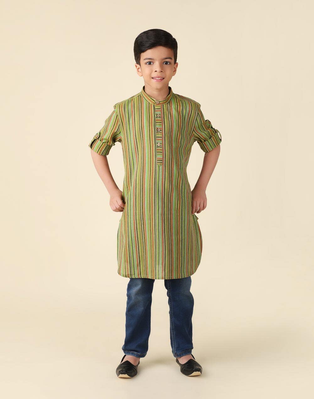 Fabindia Boy's Cotton Striped Regular Fit Kurta (1030894OLIVE_Olive