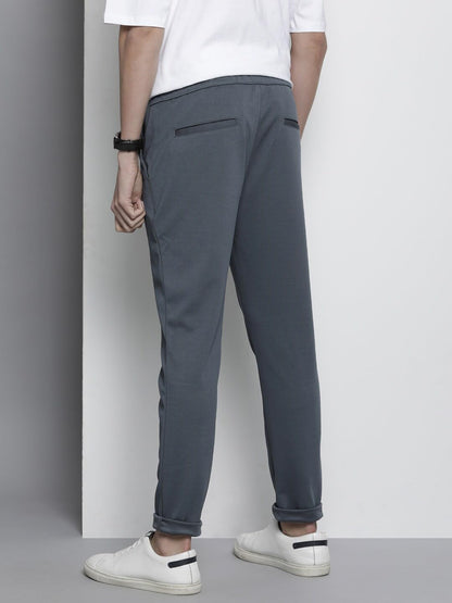 The Indian Garage Co Men Slim Fit Solid Mid-Rise Stretchable Knitted Jogger Trousers Steel Grey