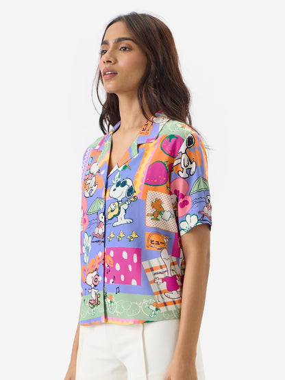 The Souled Store Official Peanuts: Carefree Women and Girls Short Sleeve Collared Neck Button Front Regular Fit Rayon Summer Shi