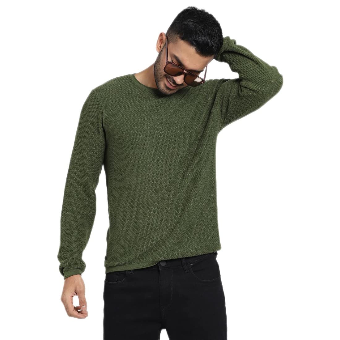 Bewakoof Mens Solid Regular Fit Full Sleeve Round Neck Cotton Sweater Green