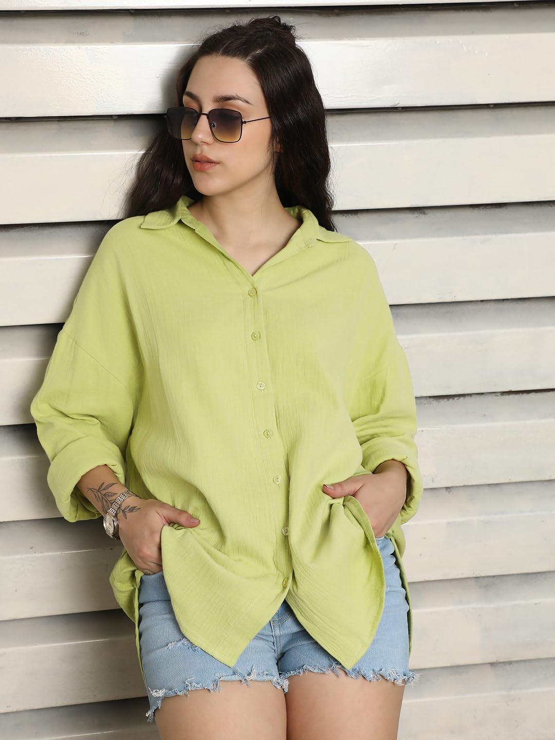 High Star WomenS Oversized Fit Shirt (Hswshs2422_Jun_Green