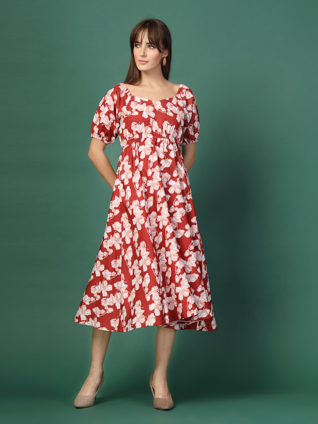 Oomph! Flared Dress For Women Stylish | Long One Piece For Women | Puff Sleeve Long Dress | Floral Print Maxi One Piece | Wester