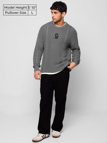 The Souled Store Cable Knit Pullover: Stone Grey Oversized Pullovers for Men and Boys