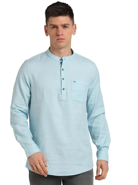 Turtle Men 100% Cotton Light Blue Solid Slim Fit Casual Kurta Shirt