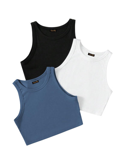 Toochki Tops for Woman | Spandex Top | Short | Western | for Jeans | Crop | Sleeveless | Stretchable | Pack of Three | Black-Whi