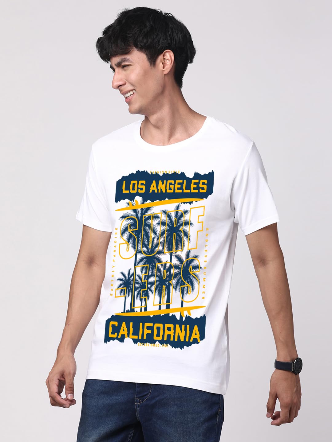 ADRO LA Surfers California Printed T-Shirt for Men - 100% Cotton, Regular Fit, Soft Breathable Fabric. (RN23-M-SRF-WH_White)