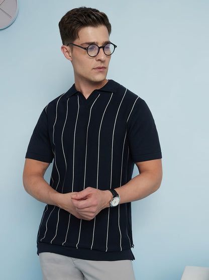 Dennis Lingo Men Cotton Regular Fit Striped T-Shirts Navy Blue