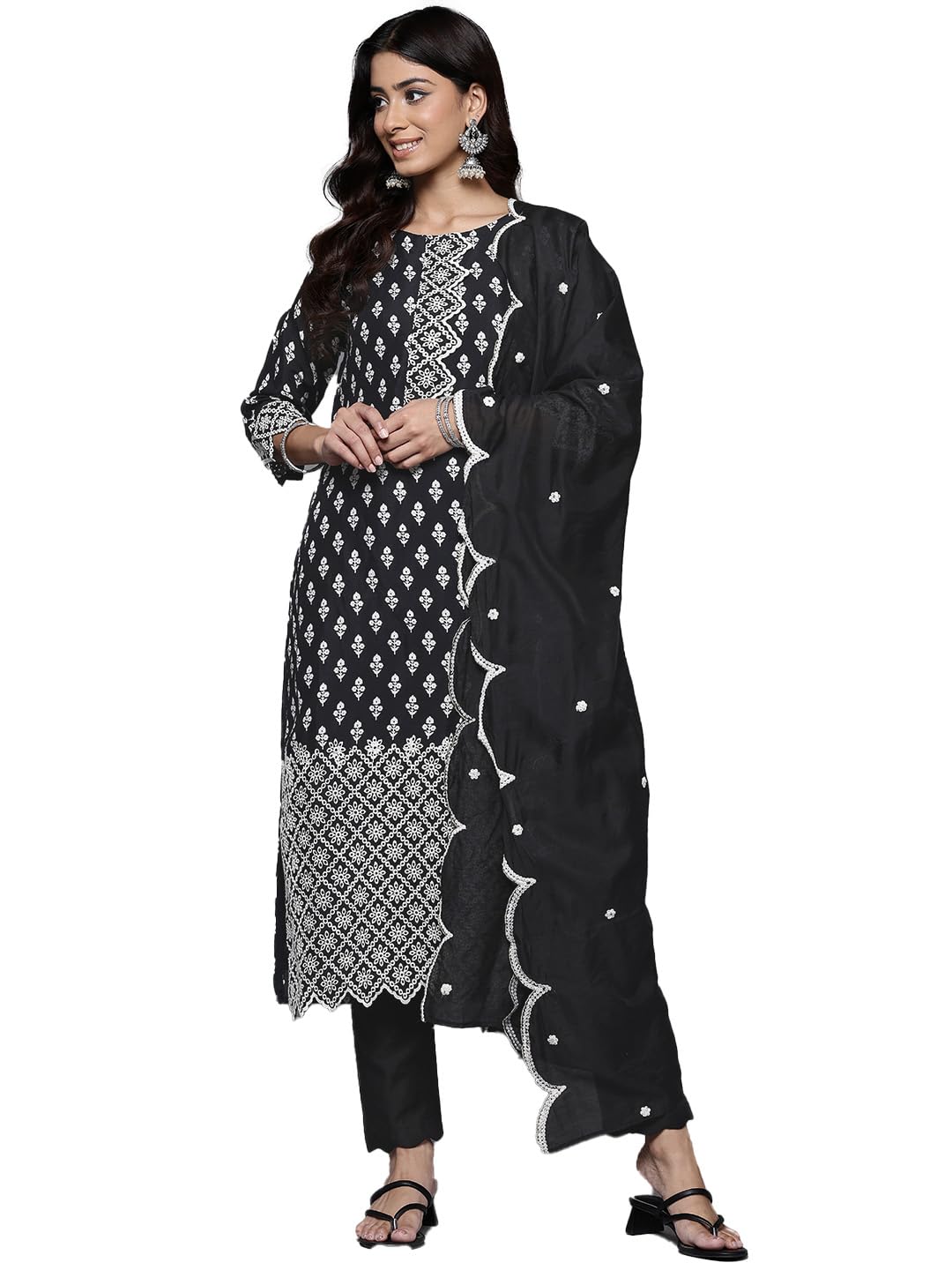 Varanga Women Black Printed Shiffly Work Kurta With Bottom And Dupatta