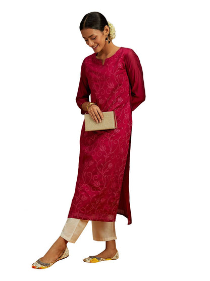 Libas WomenS Chanderi Silk Embroidered Straight Kurta (58009_Hot Pink