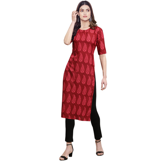 Pinkmint Women's Crepe Maroon Color Floral Digital Printed Straight Kurti [F-530337]