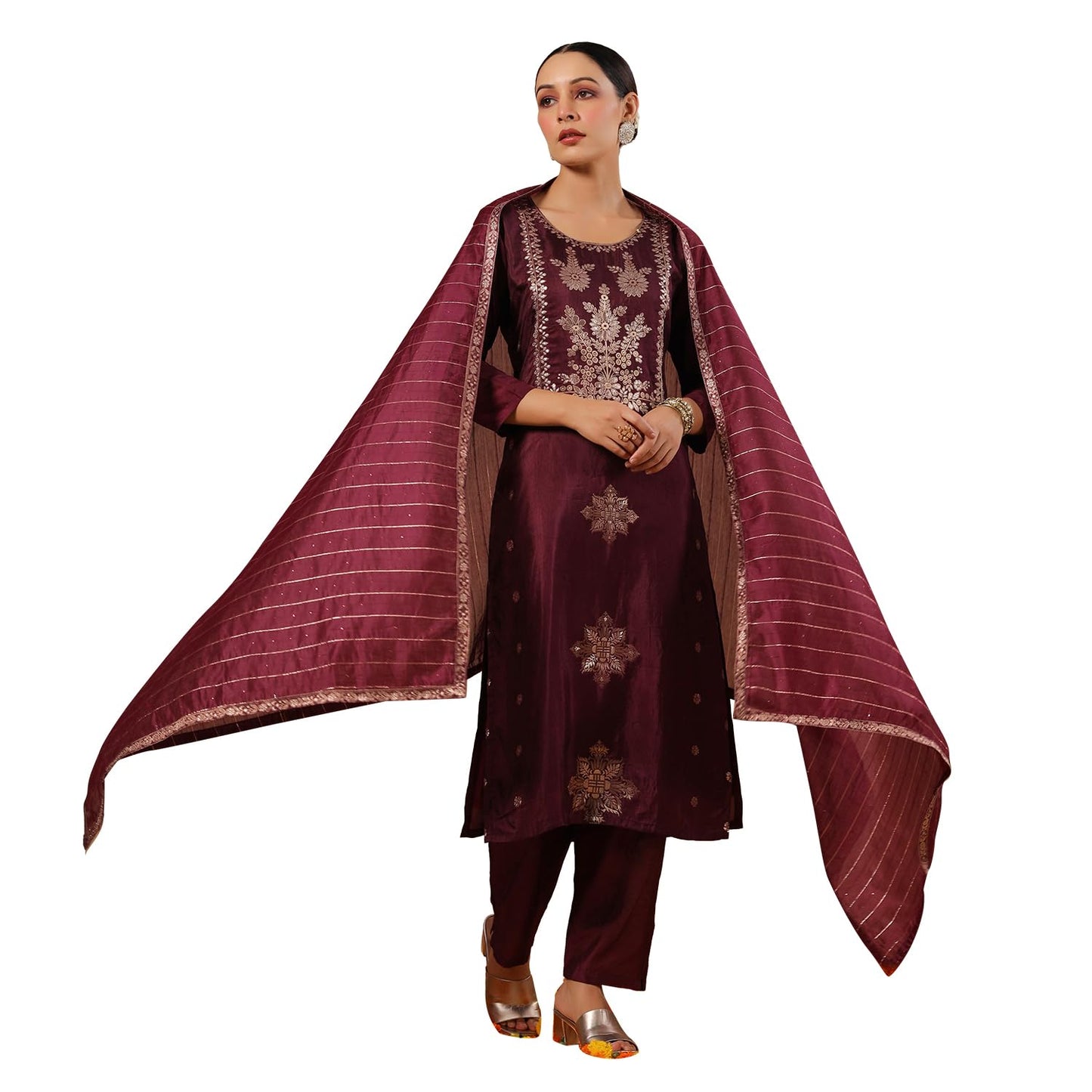ishin Women's Poly Silk Self Design Magenta Straight Kurta Suit Set with Trousers and Dupatta