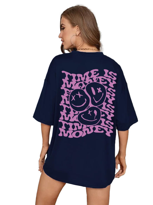 RIGO Womens Printed Oversized Fit T-Shirt (WCT02231556_Navy