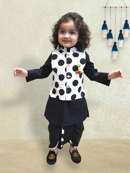 A.T.U.N. (ALL THINGS UBER NICE) Boys Ethnic Wear Black White Dhoti Kurta with Polka Dot Linen Jacket Set (3 Piece Set)