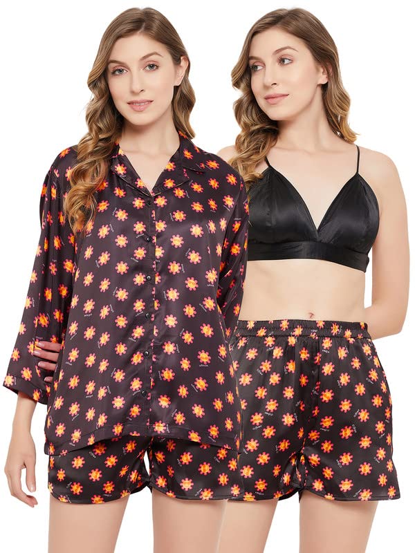 Clovia Womens Satin Emoji Print 3 Piece Nightwear Set (LS0666P13_Black_XXL)