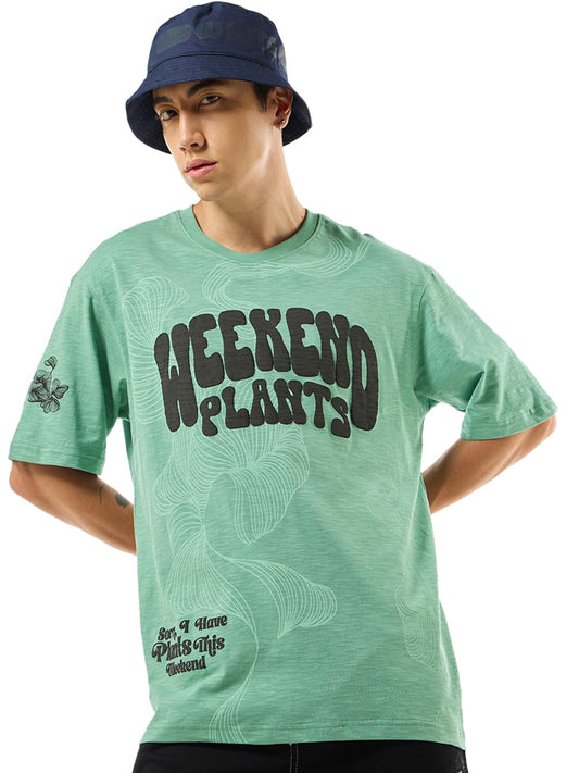 Bewakoof Mens Graphic Print Oversized Fit Half Sleeve Round Neck Cotton Slub T-Shirt_634337_Green_XL