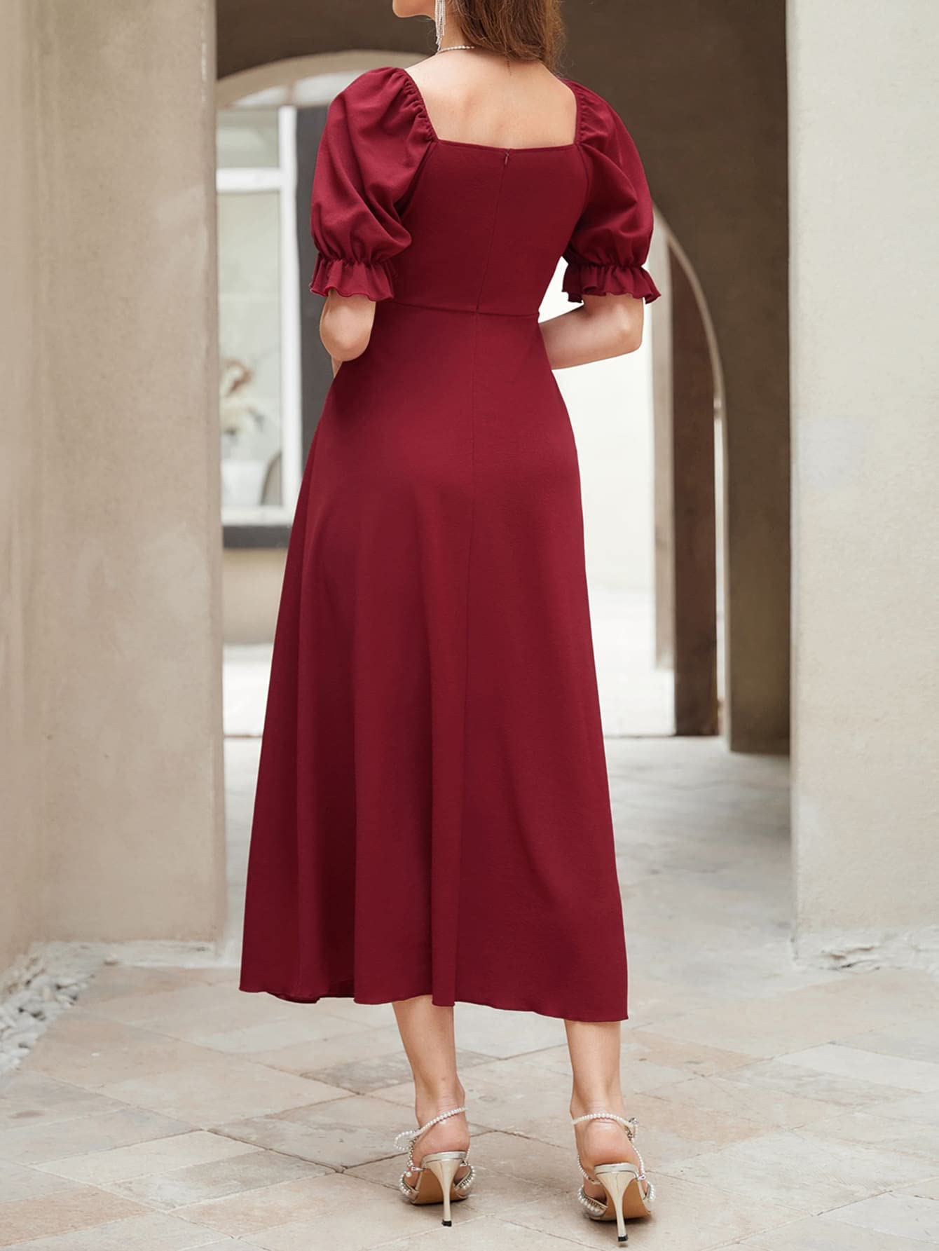 Shasmi GirlS & WomenS Solid Maroon A-Line Ruched Puff Sleeve Maxi Long Evening One Piece Long Dress For Women Stylish (Dress 1