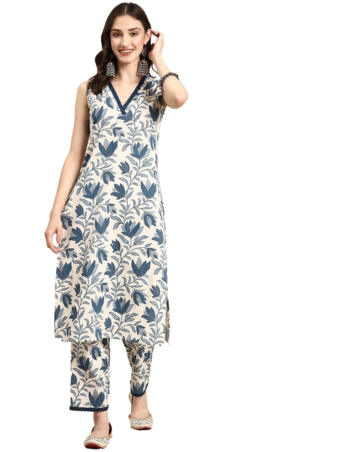 Fashion Basket Women's White Color Cotton Anarkali kurta set with Duptta For Women