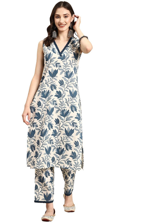 Fashion Basket Women's White Color Cotton Anarkali kurta set with Duptta For Women