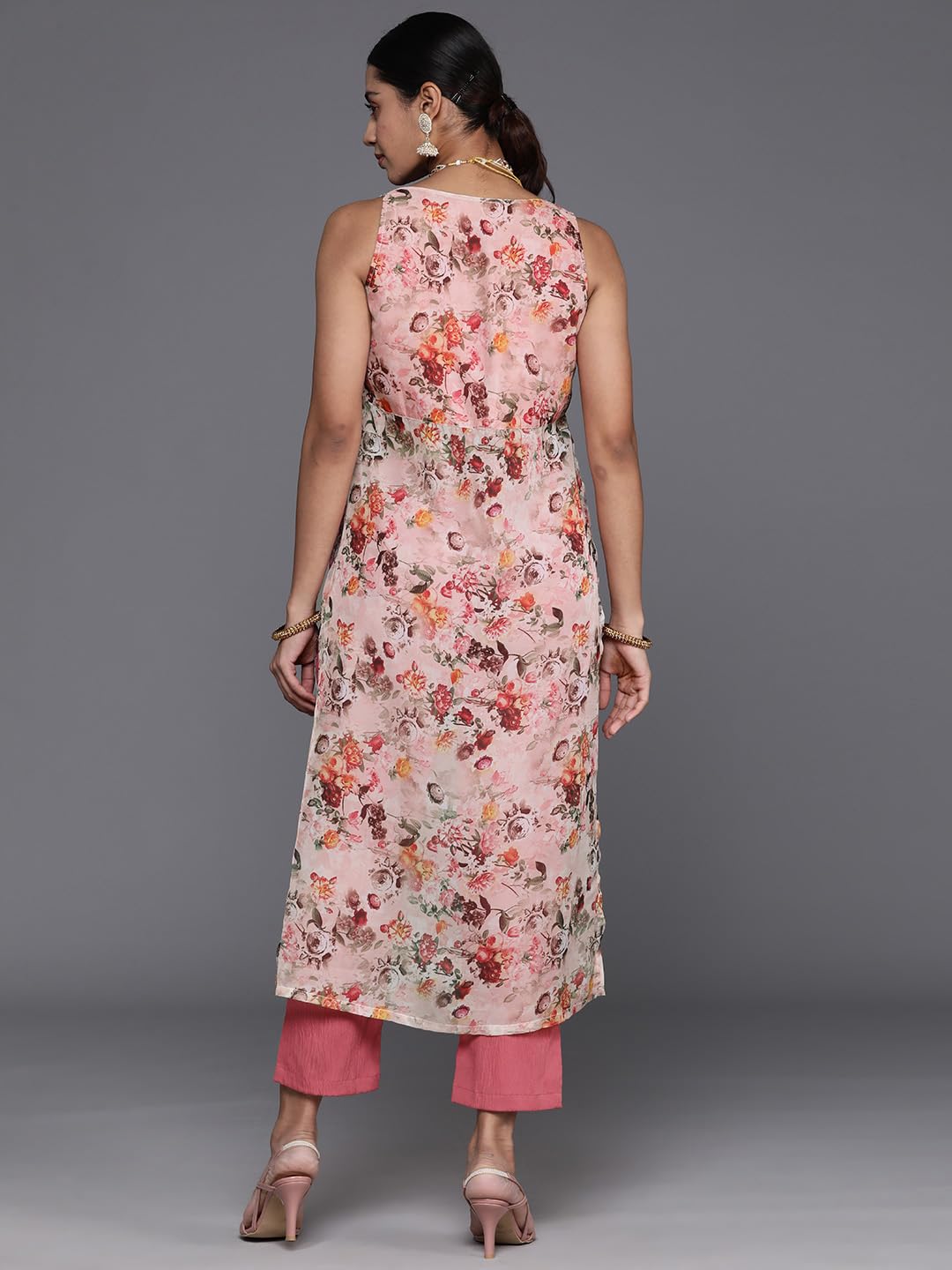 Varanga Women Beige & Pink Floral Printed V-Neck Sleeveless Straight Kurta Paired with Tonal Bottom
