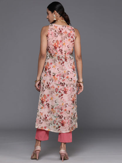 Varanga Women Beige & Pink Floral Printed V-Neck Sleeveless Straight Kurta Paired with Tonal Bottom