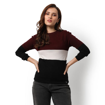 Campus Sutra Women Maroon Colour-Blocked Regular Fit Sweater for Winter Wear | Round Neck | Full Sleeve | Woolen Sweater | Casua