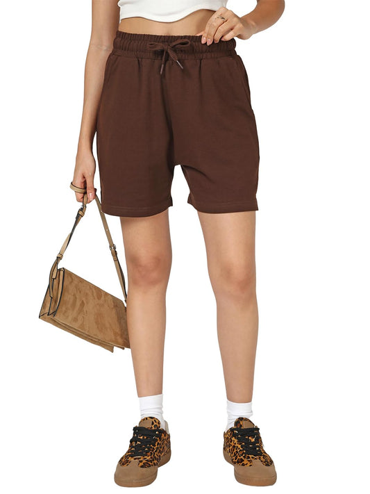 Bewakoof Womens Solid Regular Fit Cotton Poly Shorts_694334_Brown_M