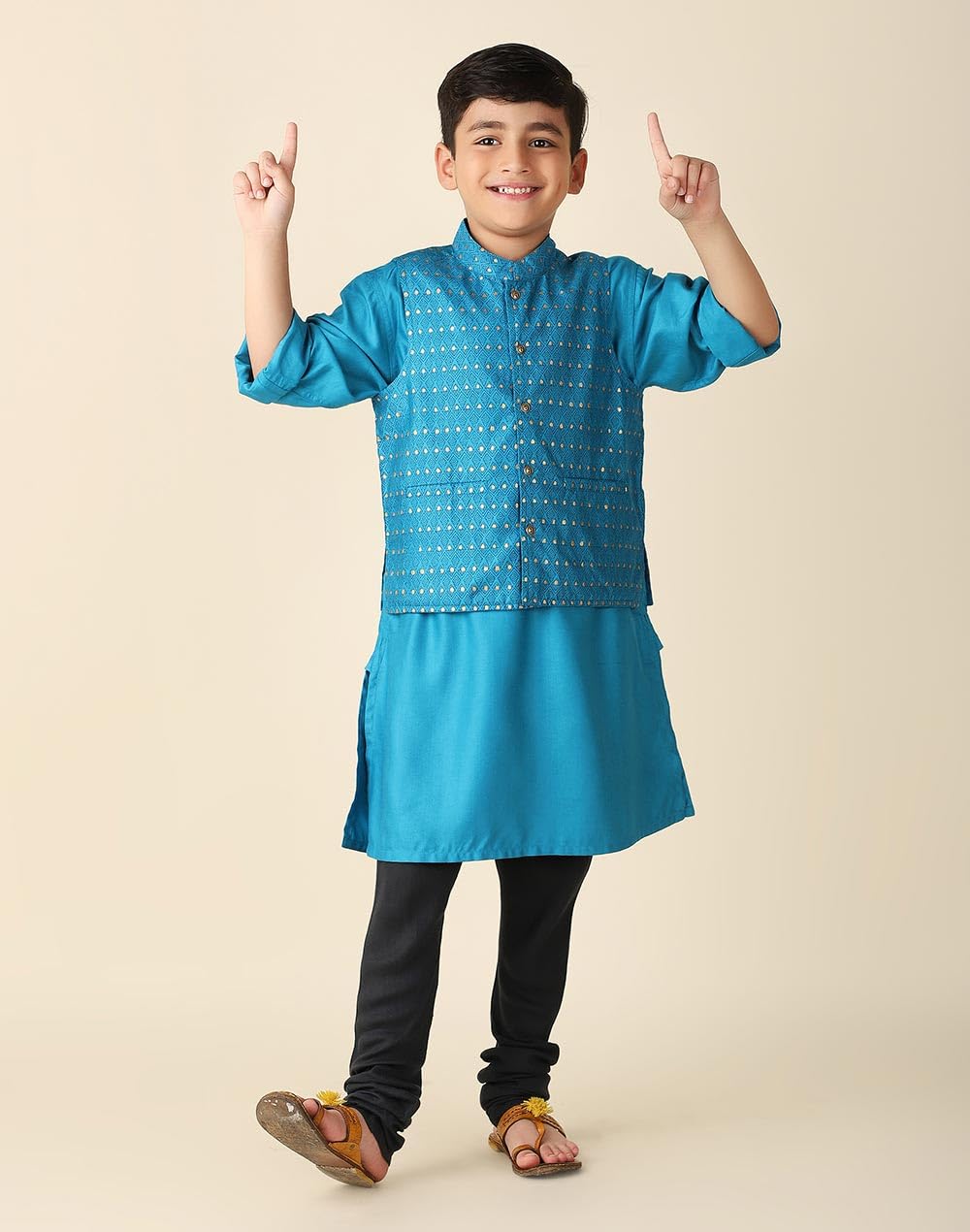 Fabindia Boy's Viscose Silk Printed Regular Kurta Jacket Set (1030902BLUE_Blue
