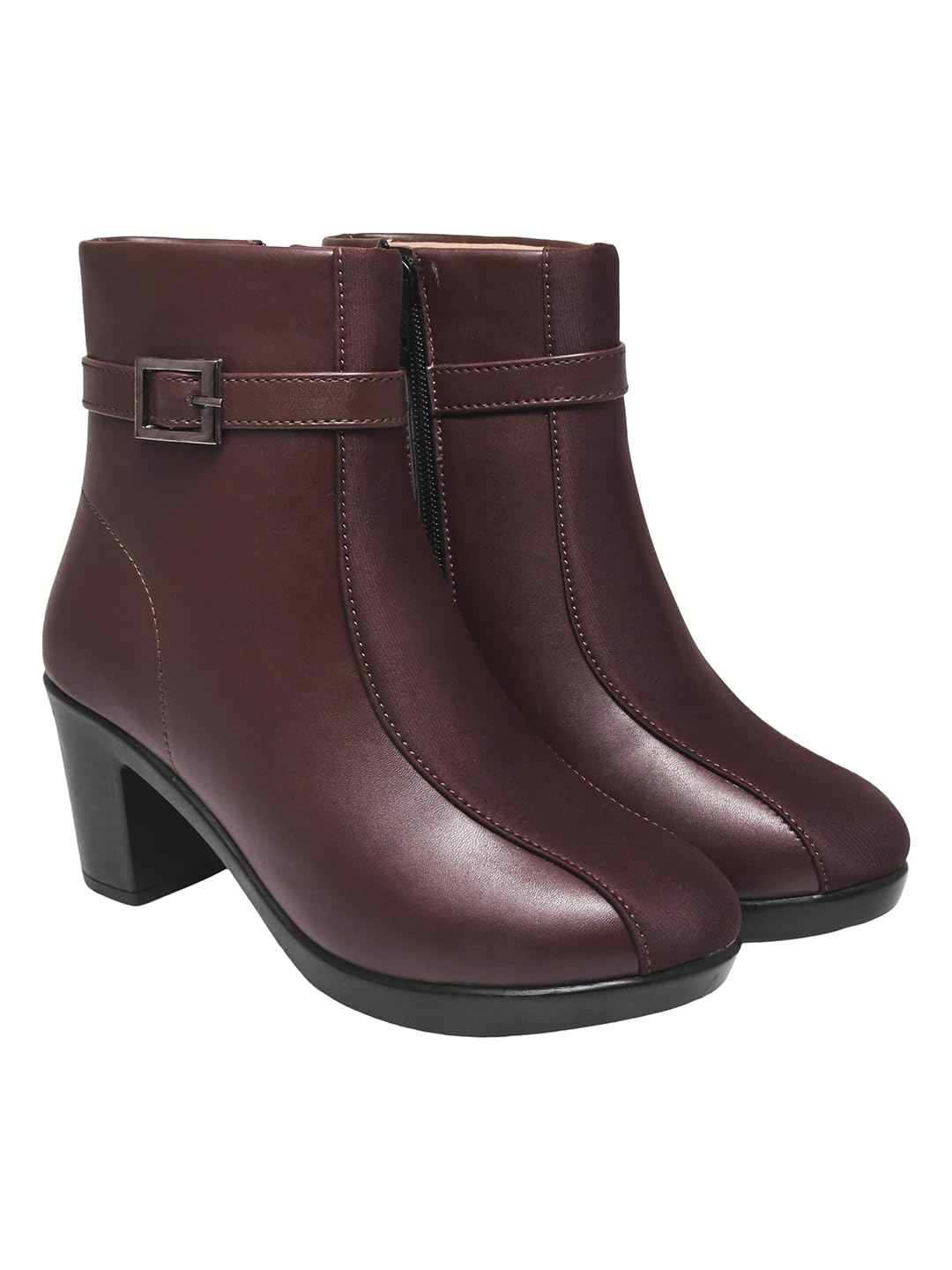 WomenS Brown Faux Leather Ankle Boots With Mid Heel And Buckle Strap  Side Zipper Comfort Booties For Fall & Winter Eu39