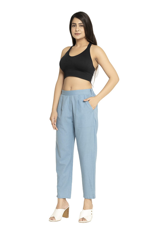 DIGITAL SHOPEE Womens Pure Cotton Made Elastic Waist Double Side Pocket Ankle Length Casual/Formal Trouser- Pack of 1 Sky Bkue