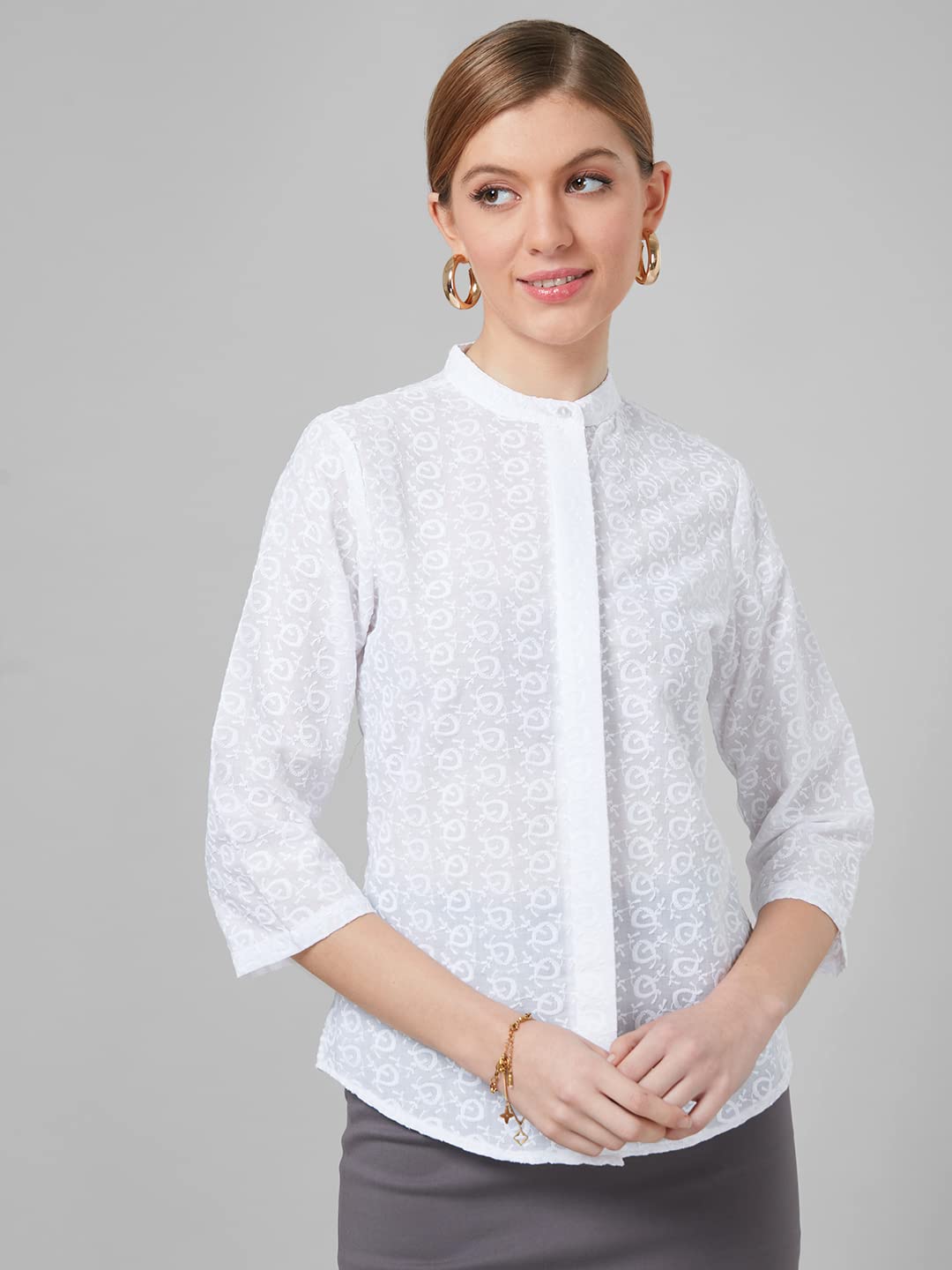 Style Quotient Women White Schiffli Cotton Regular Formal Shirt