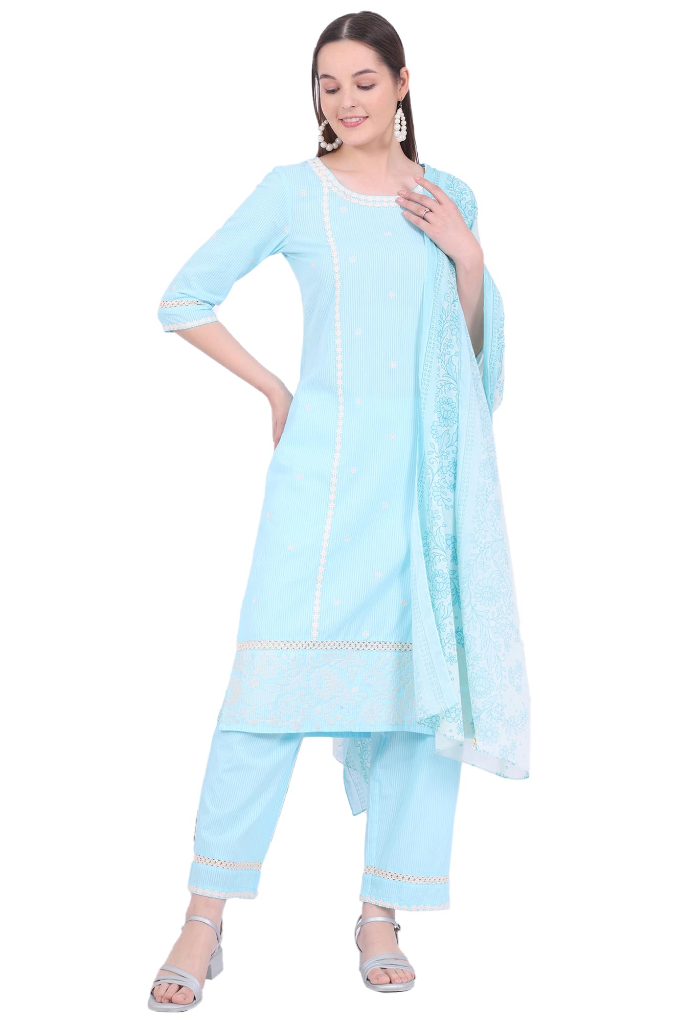 Aurelia Women's Blue Embroidered Pure Cotton Straight Kurta with Palazzos & Dupatta Set (Size: S)-AS15787-E608297