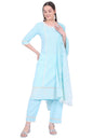 Aurelia Women's Blue Embroidered Pure Cotton Straight Kurta with Palazzos & Dupatta Set (Size: S)-AS15787-E608297
