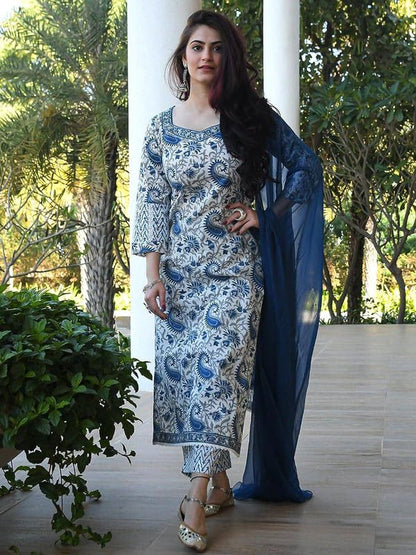 Pinkmint Women Straight Rayon Printed Kurta and Pant Set with Dupatta ll ll Event Wear Light Blue