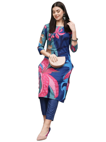 ANNI DESIGNER Womens Rayon Blend Straight Printed Co-Ord Set (YUP Blue Co-ord-KMH_S_Blue_Small)