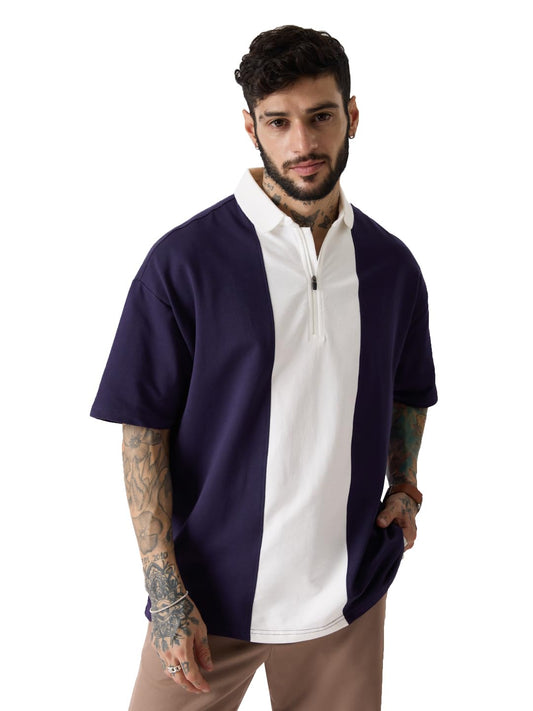 The Souled Store Solids: White & Berry Colourblock Men and Boys Oversized fit Half Sleeve Cotton Multicolored Oversized Polos