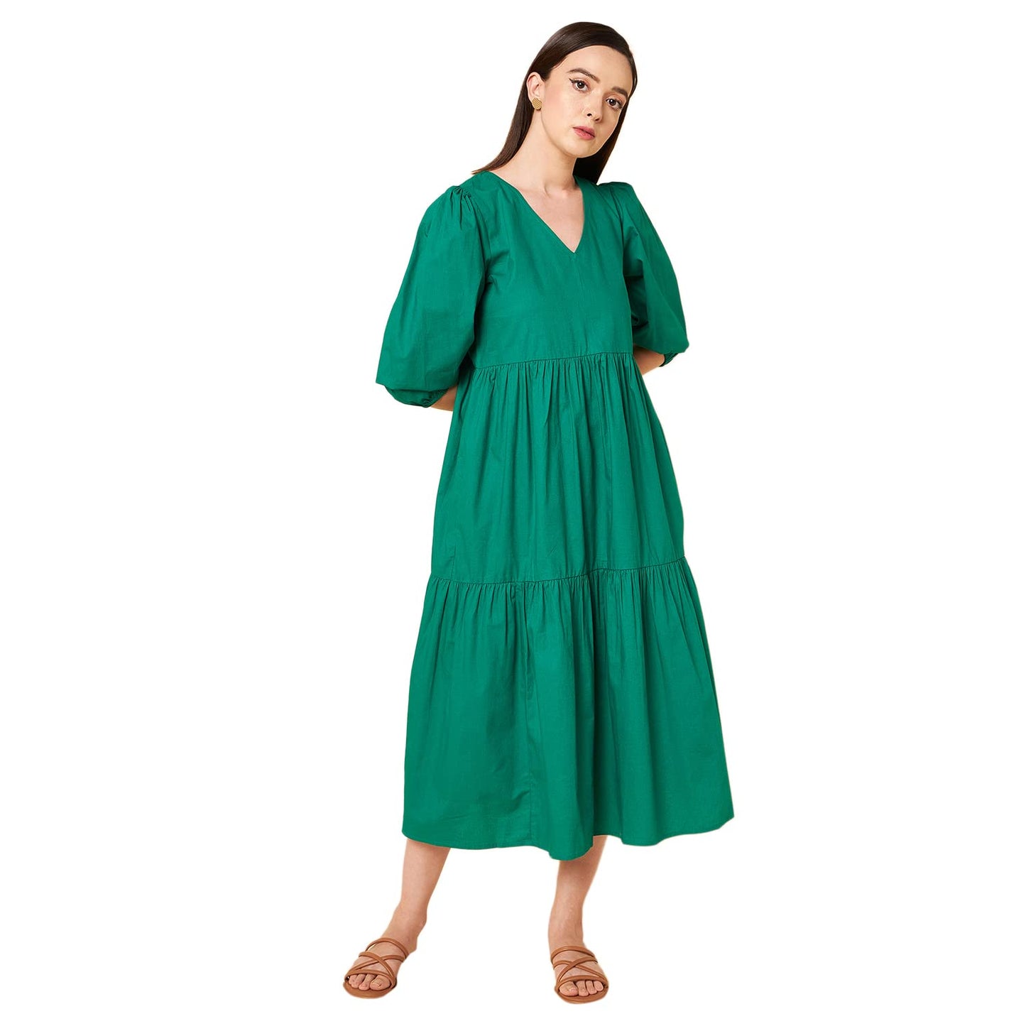High Star Cotton Pleated Maxi Women Dress (Hswdrs23005_Gn_Green