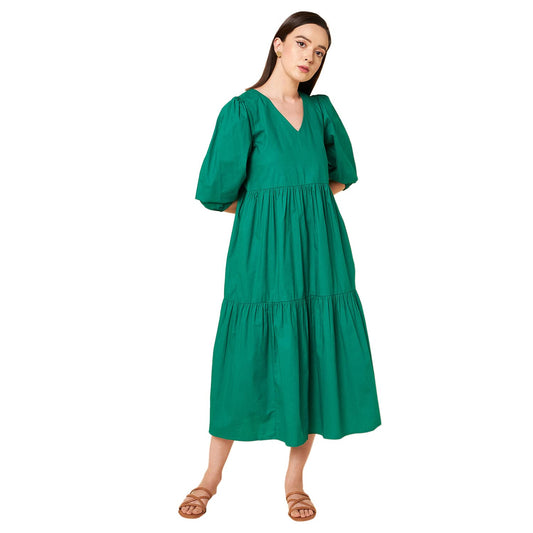 High Star Cotton Pleated Maxi Women Dress (Hswdrs23005_Gn_Green