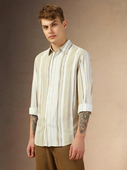 Dennis Lingo Men Brown Stripes Relaxed Fit Full Sleeve Spread Collar Shirts