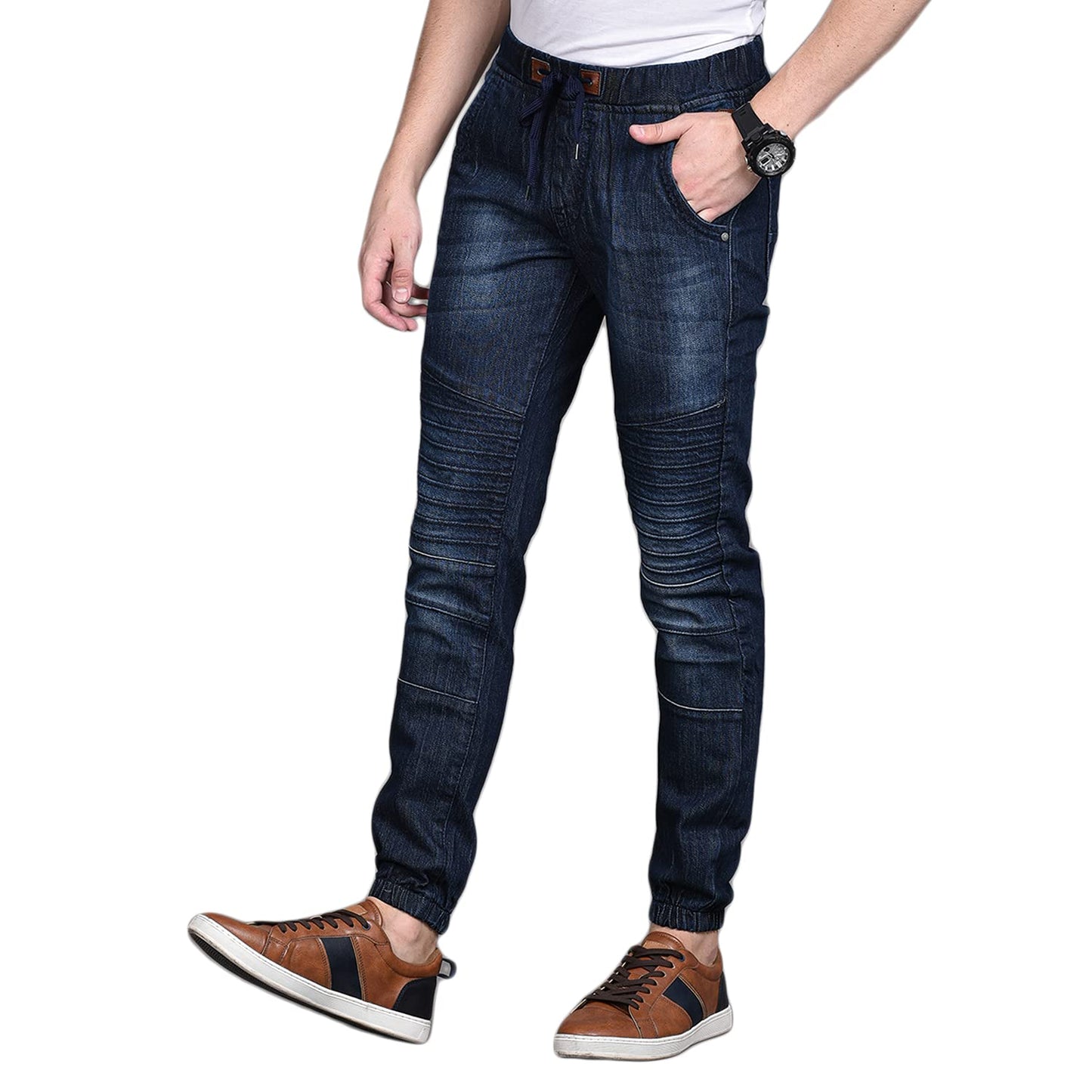 Campus Sutra Mens Classic Blue Dark-Washed Patterned Regular Fit Denim Jeans | Drawstring Mid-Rise Stretchable Cotton Denim Jean