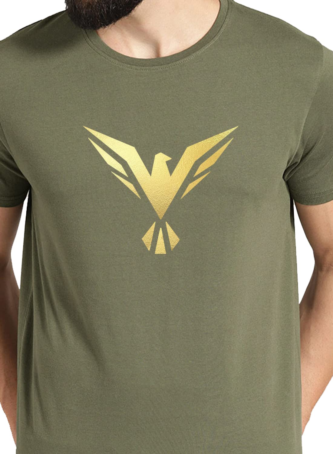ADRO Men's Bird Gold Printed Cotton T-Shirt (RN23-GL-BIR-OL_Olive)