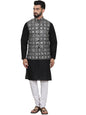 SOJANYA (Since 1958 Men's Cotton Chikankari Black Kurta and White Pyjama with Embroidered Black Nehru Jacket