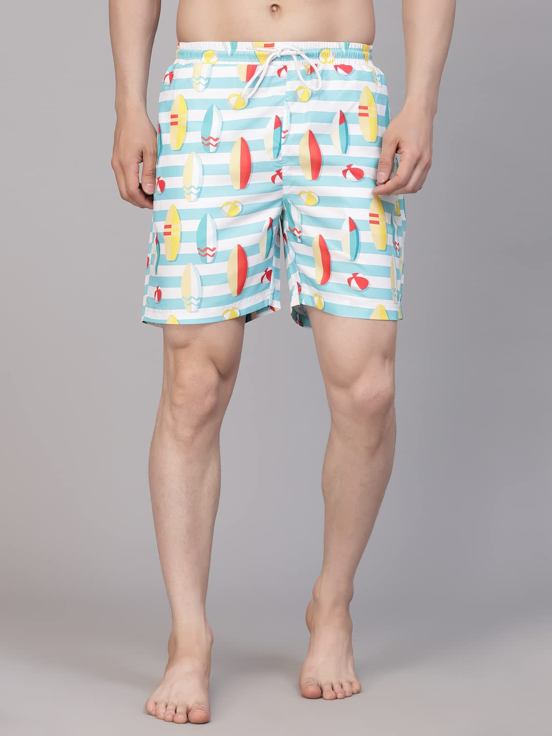 Style Quotient Men Multi Color Surf Boat Printed Polyester Swim Short BLUE/YELLOW