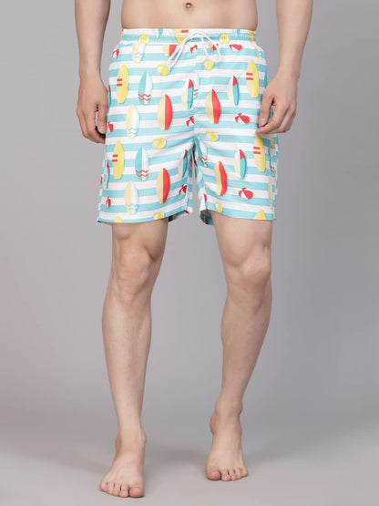 Style Quotient Men Multi Color Surf Boat Printed Polyester Swim Short BLUE/YELLOW