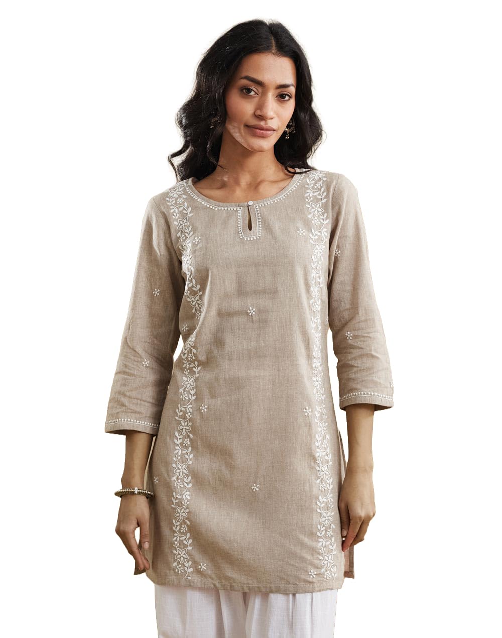 Fabindia Women'S Beige Cotton Embroidered Slim Fit Short Kurta