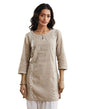 Fabindia Women'S Beige Cotton Embroidered Slim Fit Short Kurta