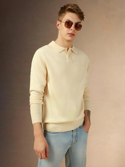 Dennis Lingo Men Off White Solid Slim Fit Full Sleeve Polo Pullover