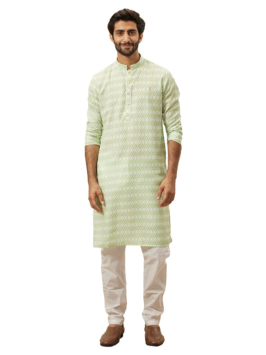 Manyavar Green Blended Viscose Self Design Full Sleeves Kurta