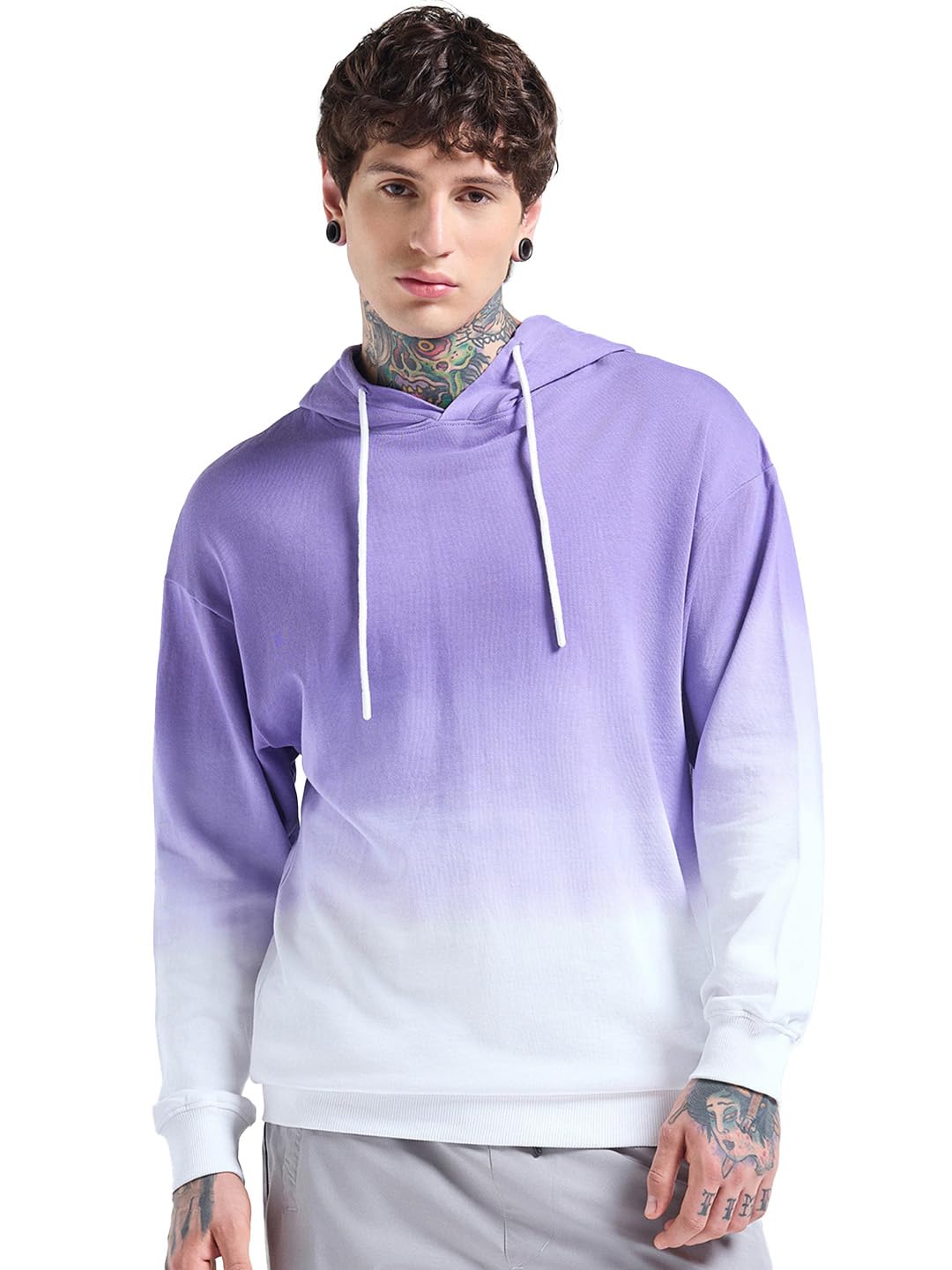 Bewakoof MenS Ombre Oversized Fit Full Sleeve Cotton Blend Hoodies_682755_White_L